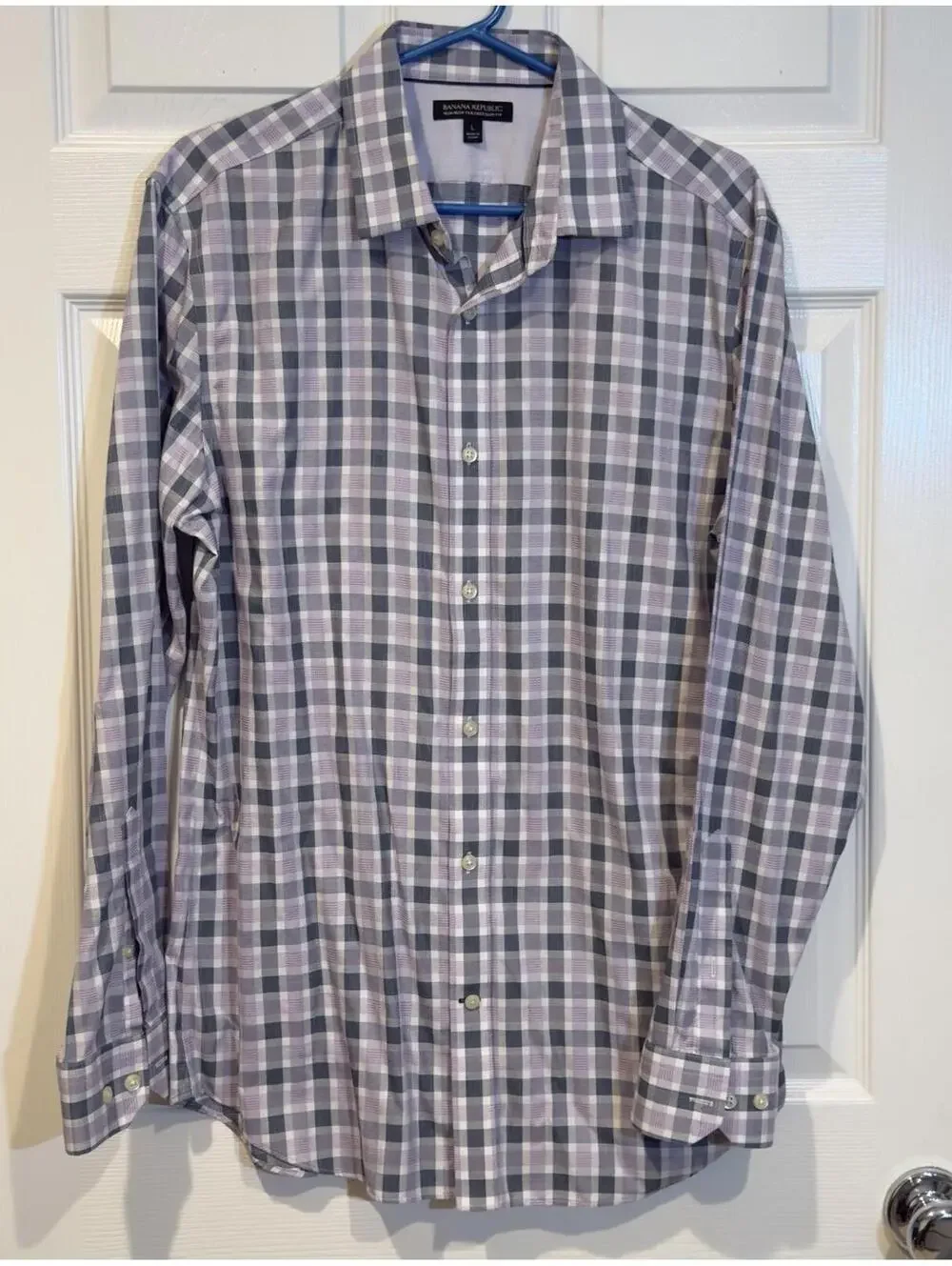 Banana Republic shirt Men L Non-Iron Tailored Slim Fit purple gray Check Pattern